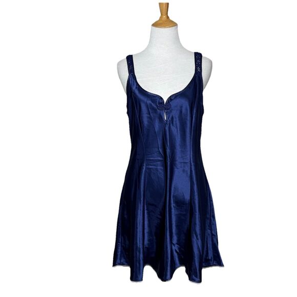 VTG Inner Most Lingerie Slip Dress Nightgown Lace Trim Satin Navy Blue Mini Med - Picture 1 of 9